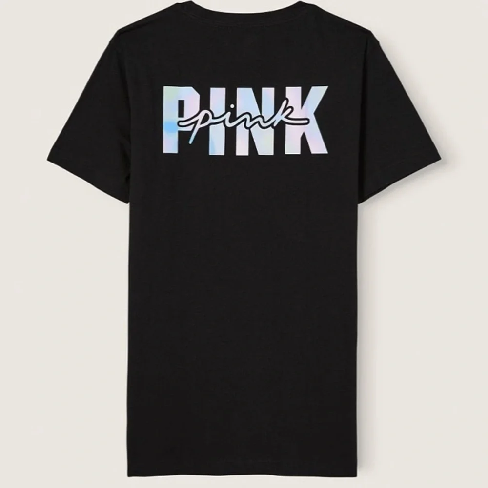 VS VICTORIAS SECRET PINK CAMPUS SHORT SLEEVE TEE TOP BLACK BLUR LOGO M - Picture 6 of 7